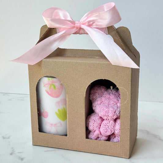Pink Coquette Frosted Glass + Rose Bear Candle- Gift Set