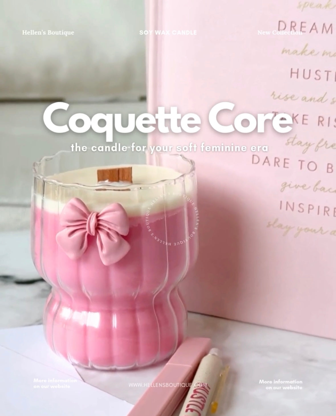 Decorative Ripple Glass cup with pink bow on it filled with a pink candle with wood wick.